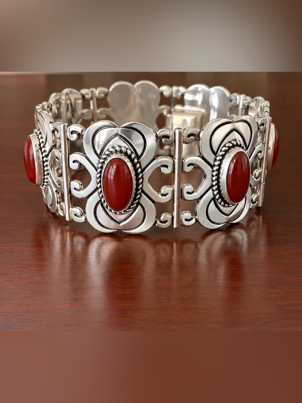 Taxco Mexico ATI 925 Sterling  Silver Carnelian Panel Bracelet